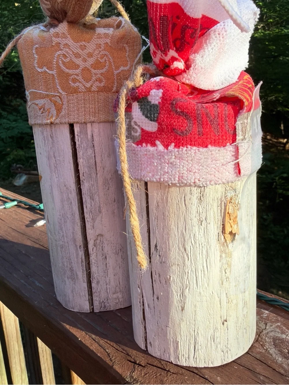 2 Handmade Holiday Snowman Wooden Decor - Red & Tan Fabric Hats